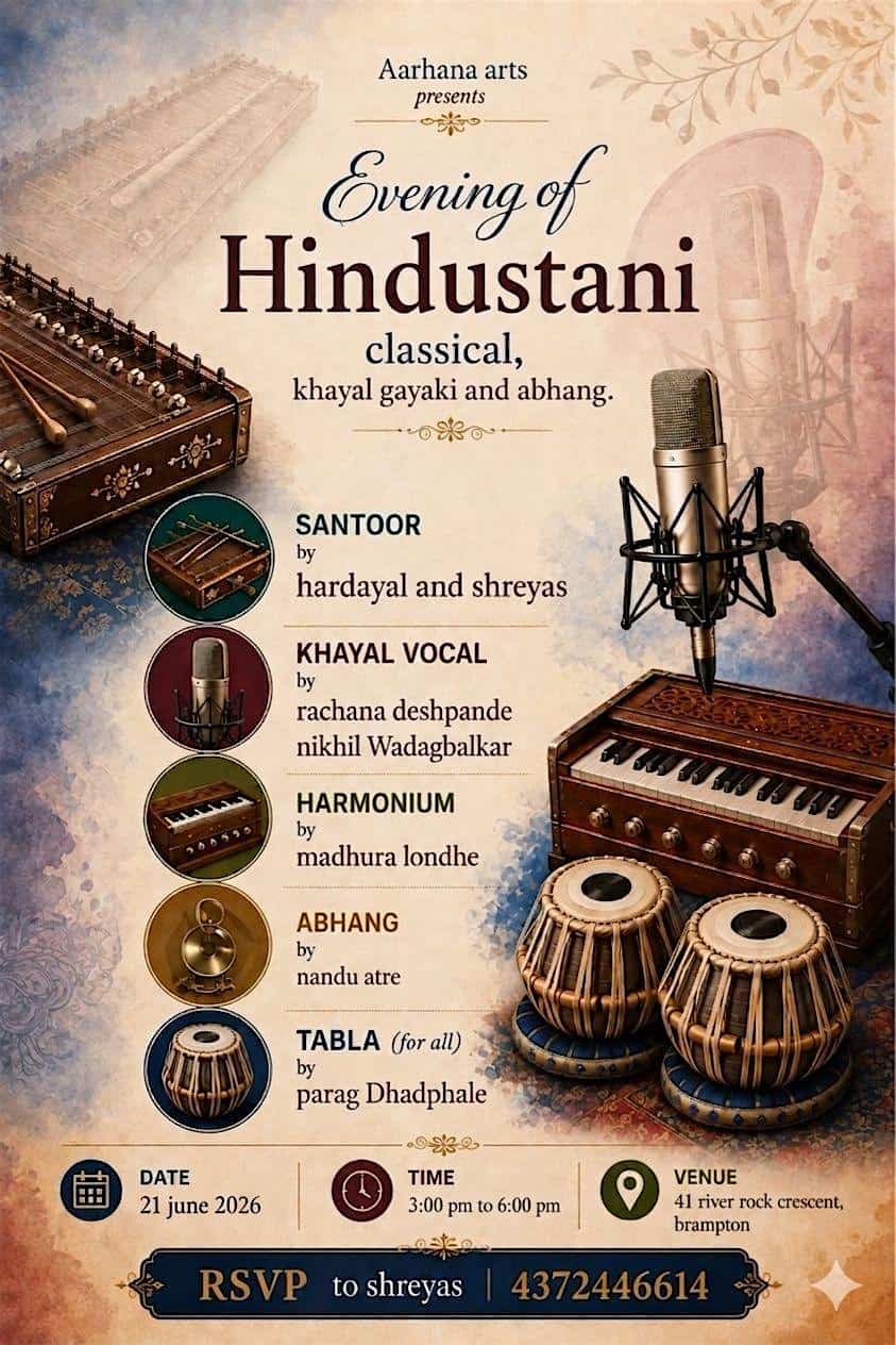 Evening of hindustani classical music, khayal and abhang at 41 River Rock Crescent – Brampton, ON