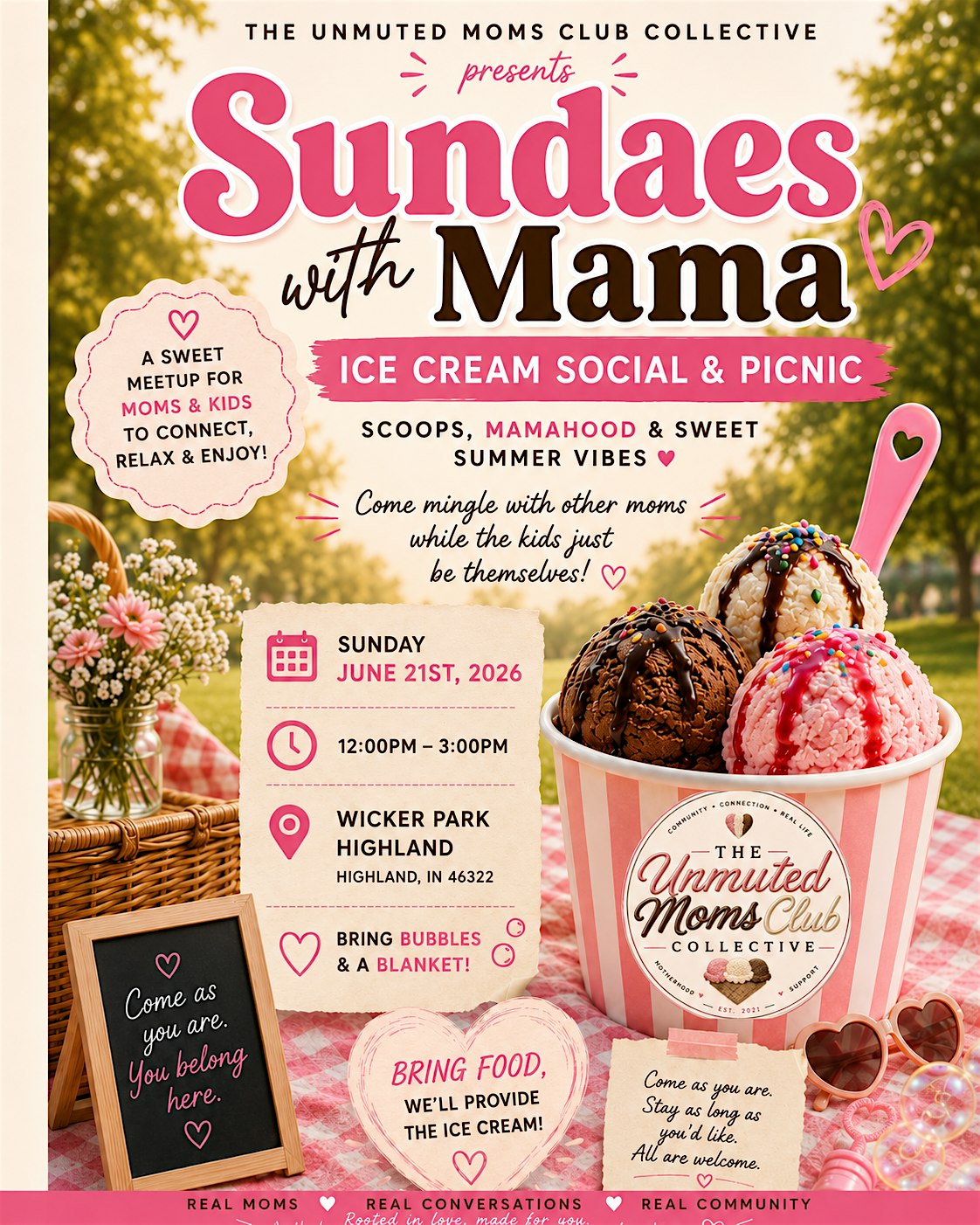 The Unmuted Moms Club Sundae’s with Mama Ice Cream Social at Wicker Memorial Park – Highland, IN