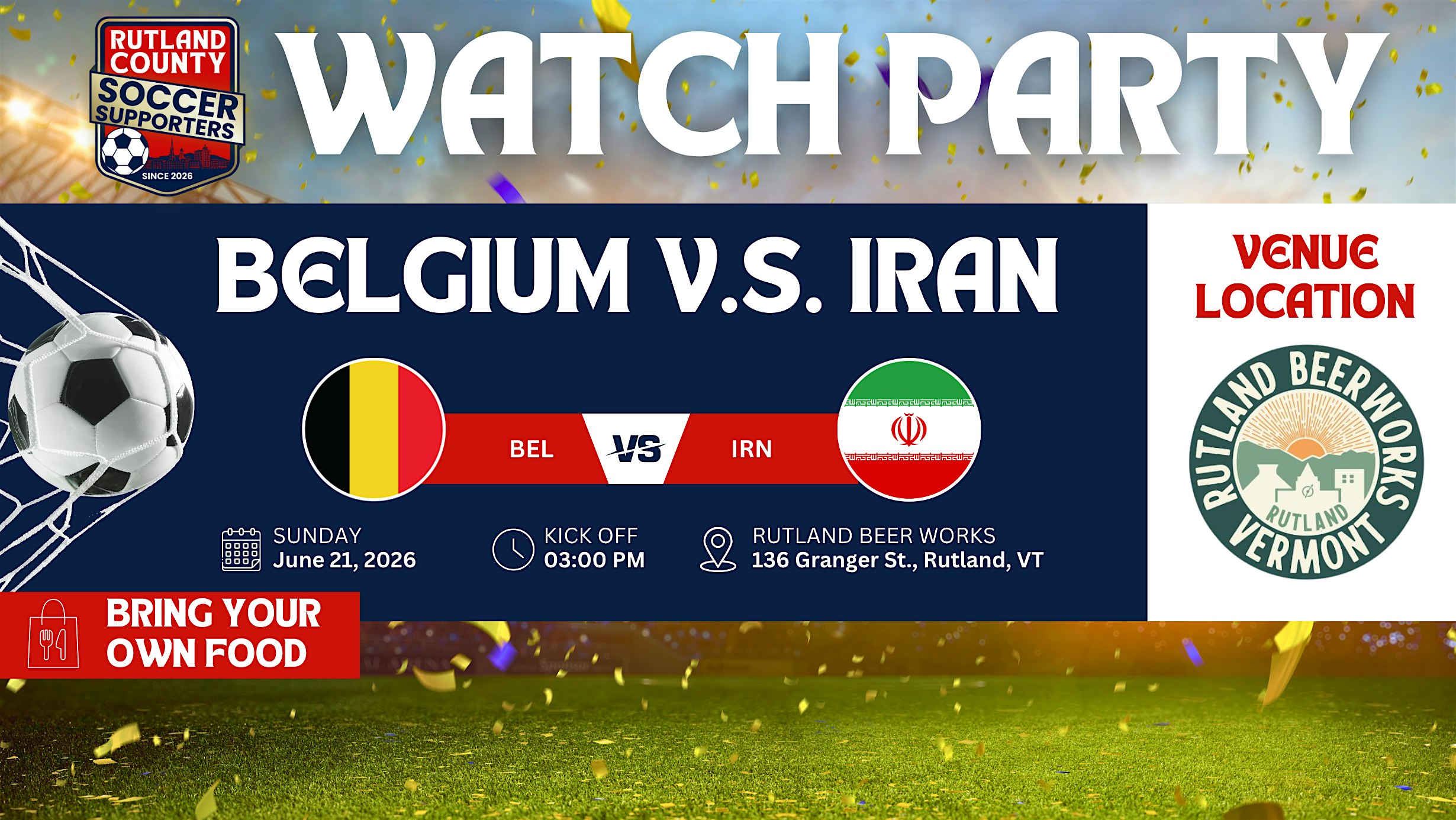 Belgium v.s. Iran Global Soccer Watch Party At Rutland Beer Works at Rutland Beer Works – Rutland, VT