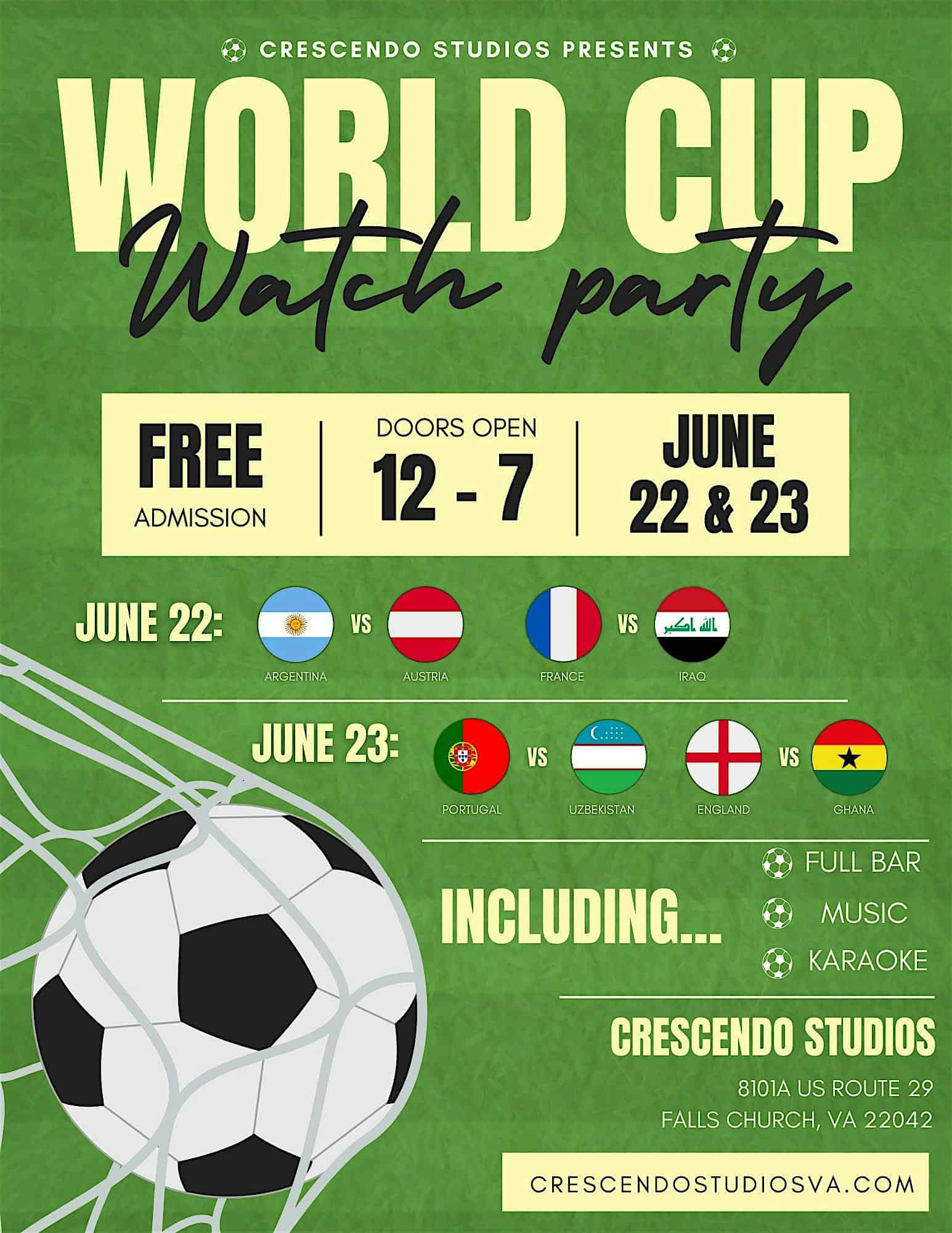 World Cup Watch Party at Crescendo Studios – Falls Church, VA
