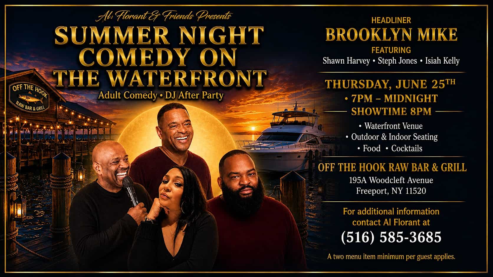 Summer Night Comedy On The Waterfront- Off The Hook Raw Bar & Grill at 195A Woodcleft Ave – Freeport, NY