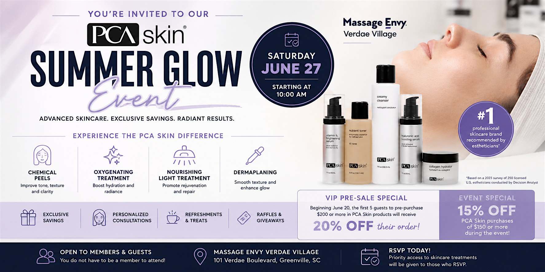 Summer Glow Event with PCA Skin at Massage Envy – Greenville, SC