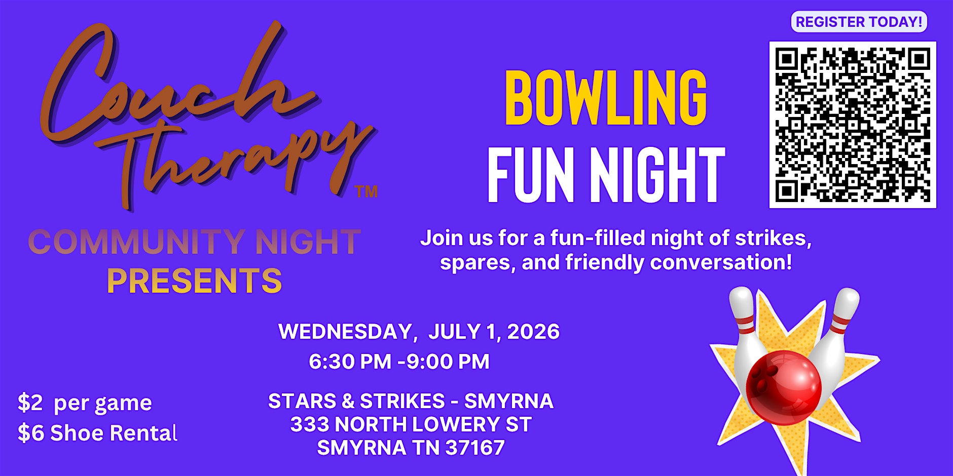 Couch Therapy Community Night Bowling Fun Night at Stars and Strikes – Smyrna, TN