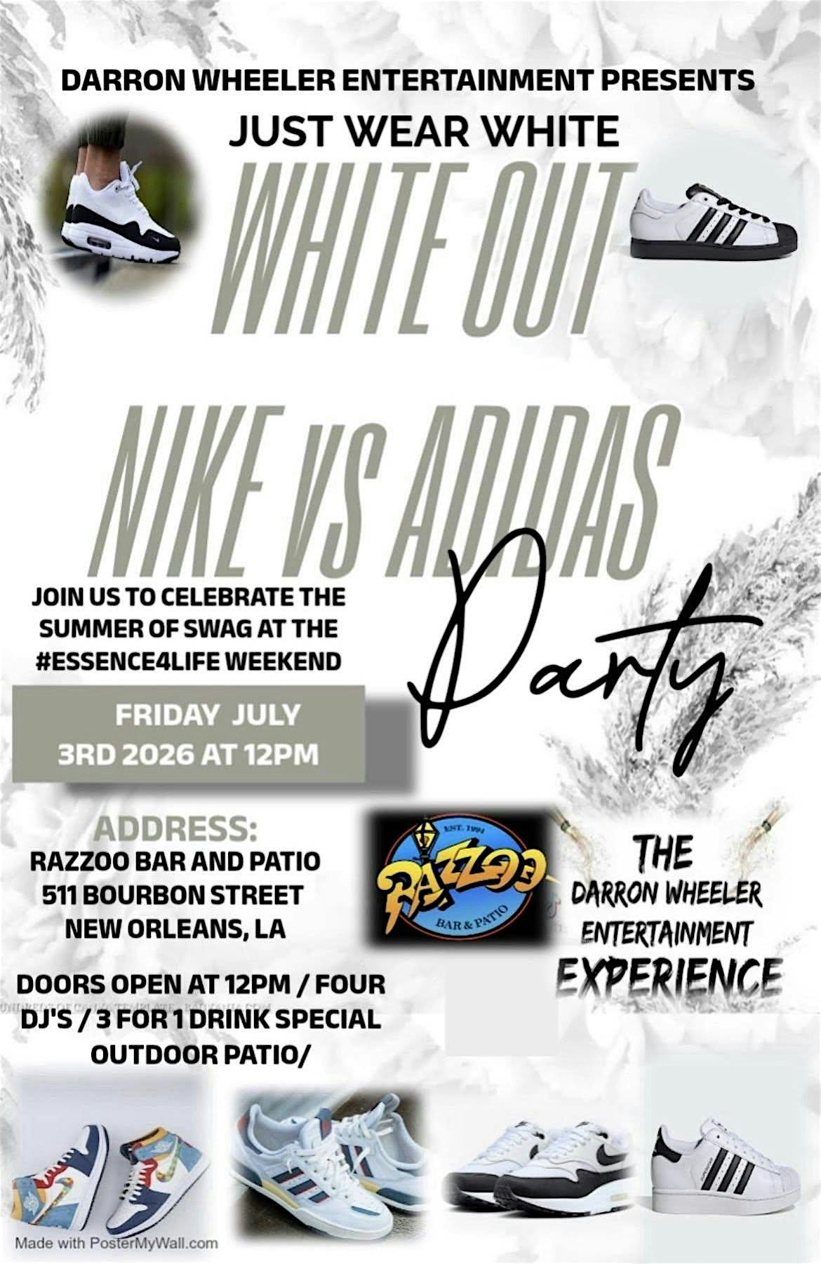NIKE vs ADIDAS The JUST WEAR WHITE Party at Razzoo Bar & Patio – New Orleans, LA