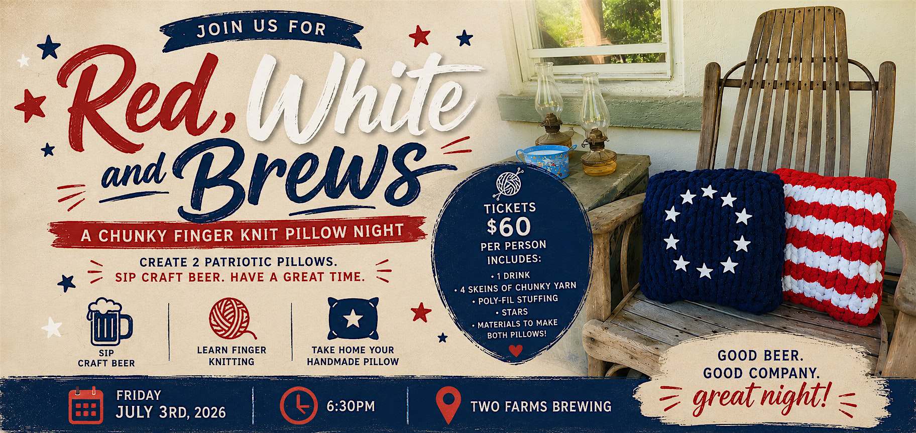 ✨ RED, WHITE & BREWS: Patriotic Finger Knit Pillow at Two Farms Brewing ✨ at Two Farms Brewing – Bloomingburg, NY