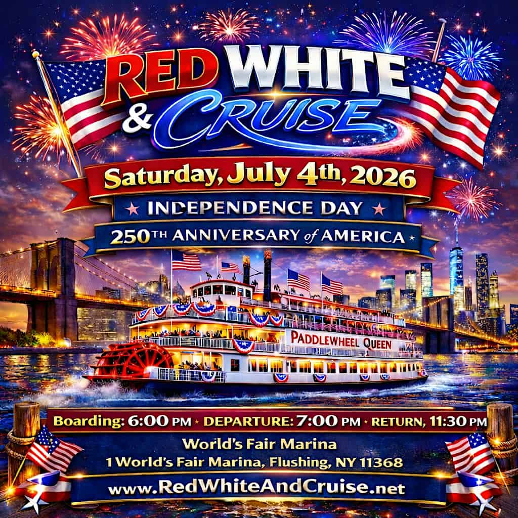 NYC 4th of July Fireworks Boat Ride 2026 | Red White & Cruise | America 250 at PADDLE WHEEL QUEEN – Queens, NY