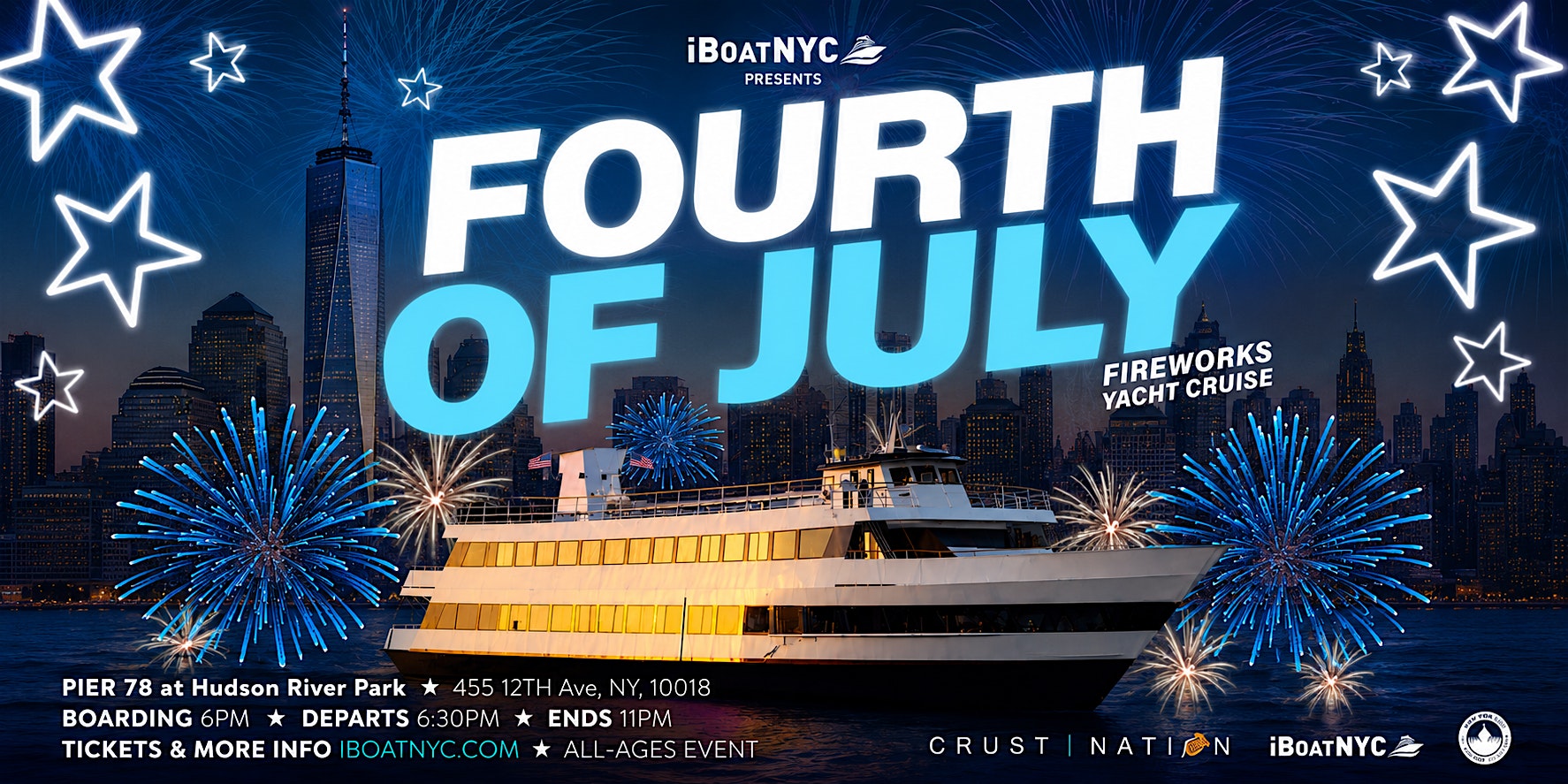 July 4th Fireworks Cruise NYC 2026 – America’s 250th Birthday Yacht Party at Pier 78 at Hudson River Park – New York, NY