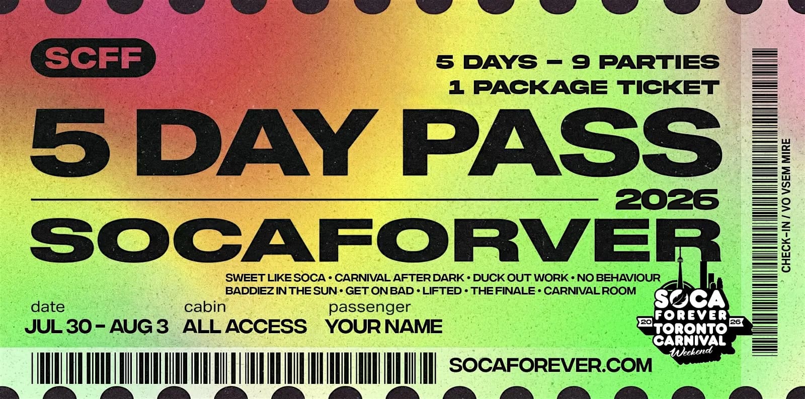 Soca Forever Caribana 2026: 5-Day Pass — All 9 Toronto Fetes at 627 King St W – Toronto, Canada