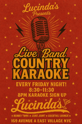 Live Band Country Karaoke at Lucinda’s – New York, NY