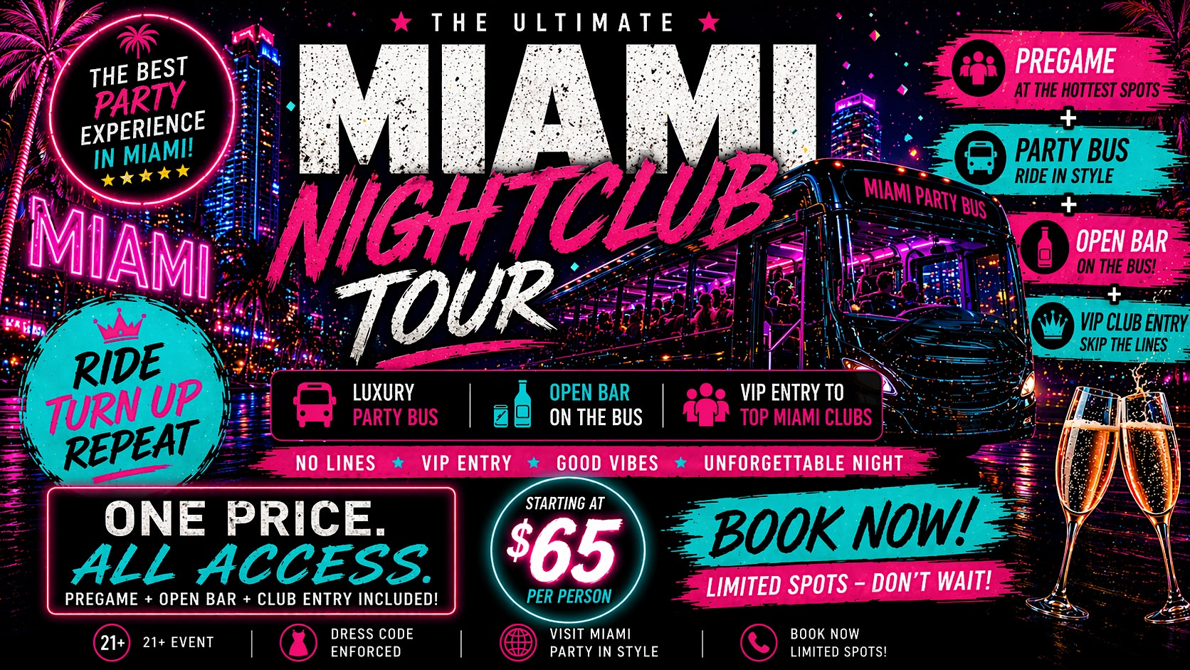 Miami Party Bus + Open Bar Pregame | VIP Club Entry | Ultimate Party Crawl at J’Adore Miami Beach – Miami Beach, FL