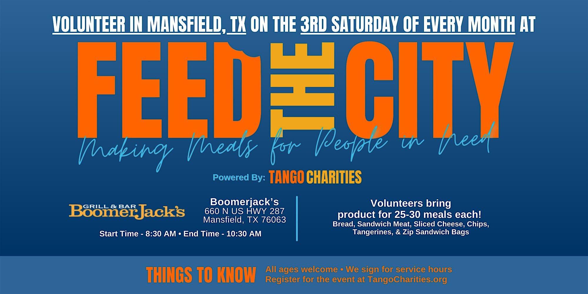 Feed The City Mansfield: Making Meals for People In Need at Boomerjacks – Mansfield, TX