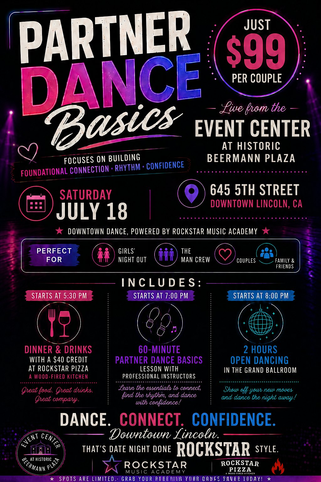 PARTNER DANCE BASICS – DINNER AND DANCING at THE EVENT CENTER AT HISTORIC BEERMANN PLAZA – Lincoln, CA