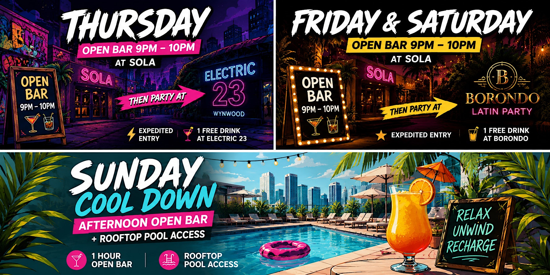 THE SOUTH BEACH OPEN BAR -PARTY CRAWL at SOLA – Miami Beach, FL
