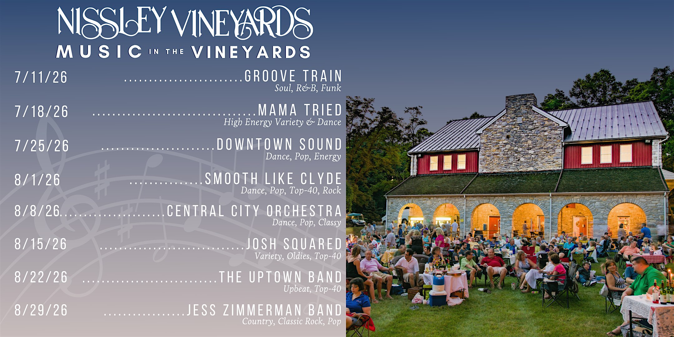 Nissley Vineyards – 2026 Music in the Vineyards Summer Concert Series at Nissley Vineyards – Bainbridge, PA