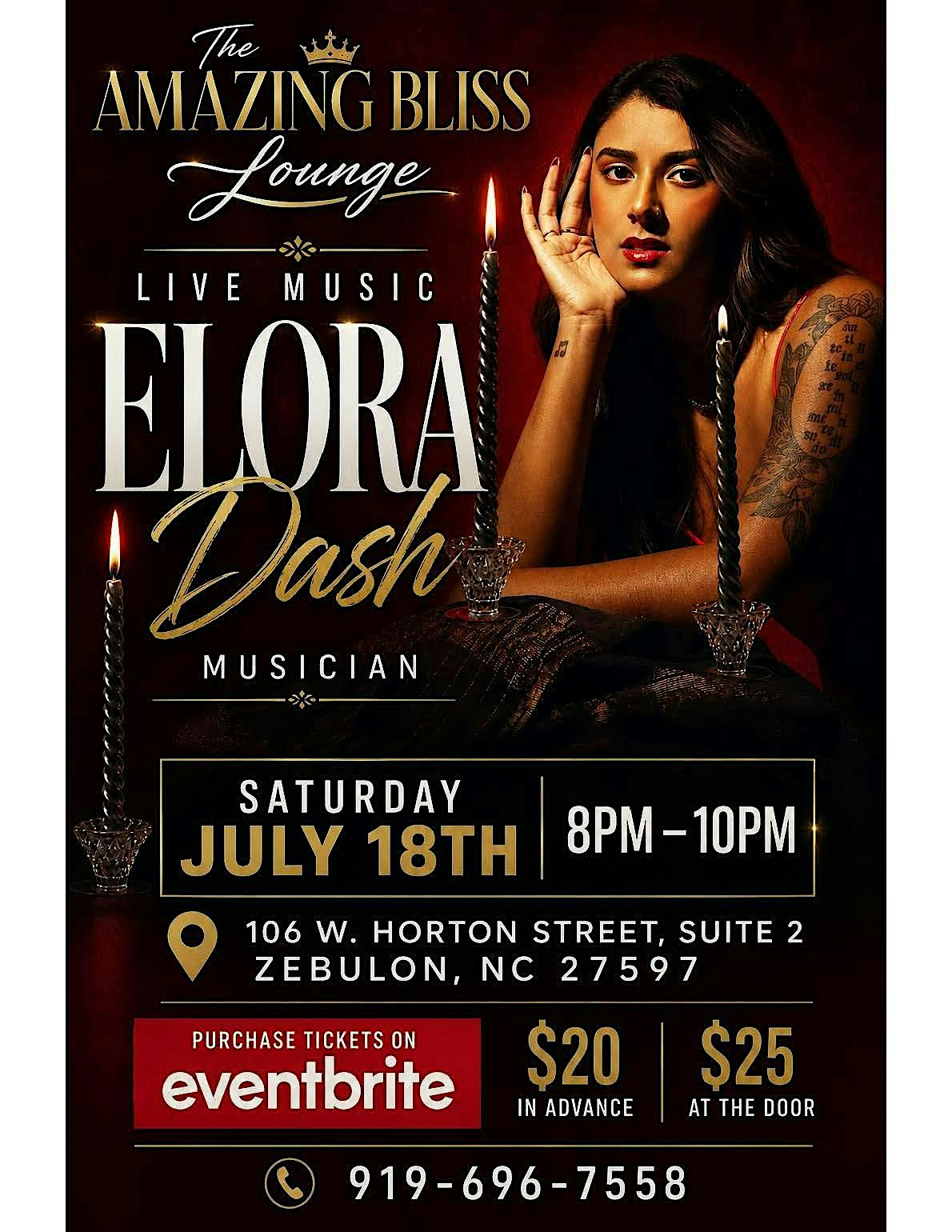 The Amazing Bliss Lounge Presents Elora Dash (Live Music) at 106 W Horton St suite 2 – Zebulon, NC