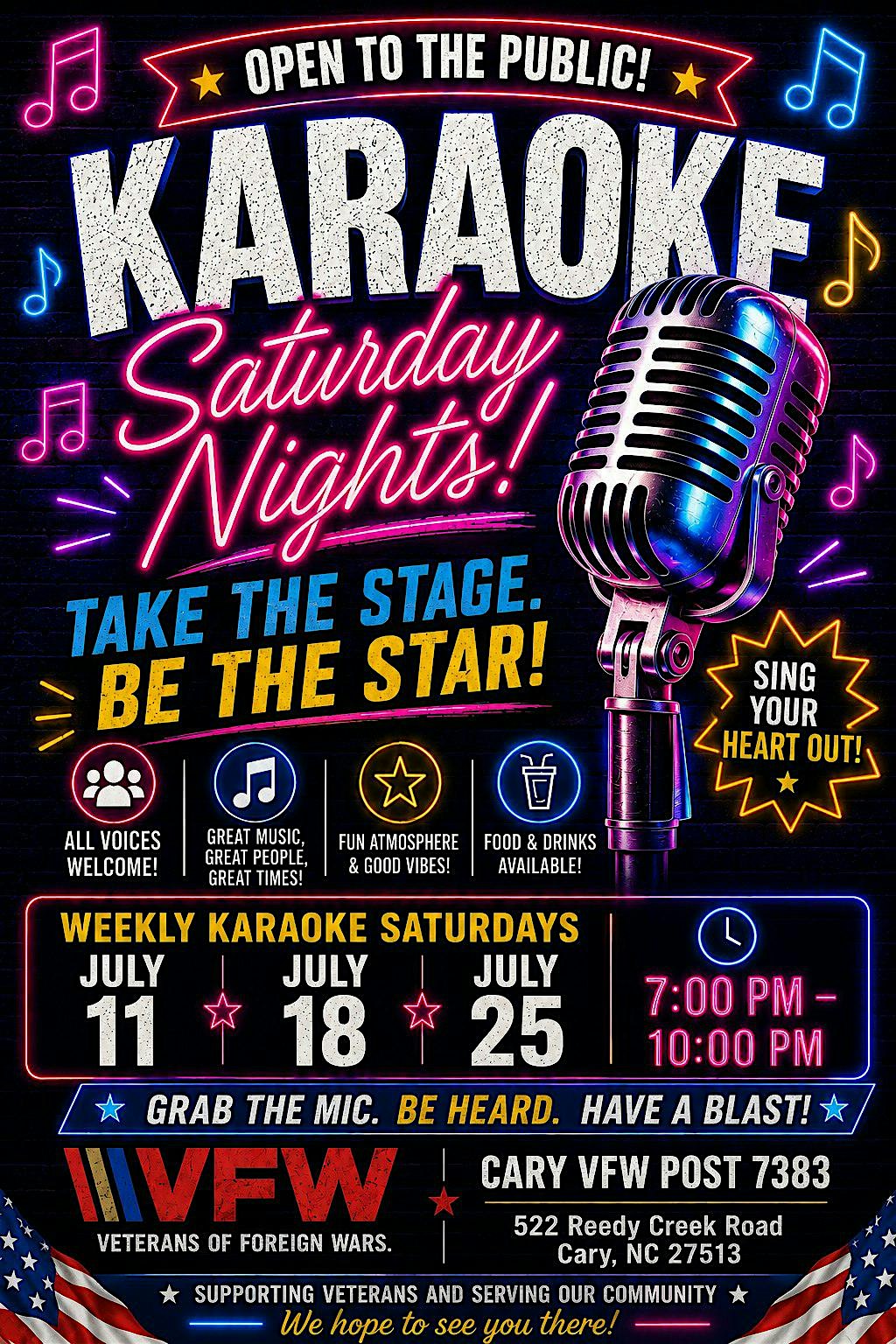 Karaoke Saturdays at the Cary VFW; OPEN TO THE PUBLIC at Cary VFW Post 7383 – Cary, NC