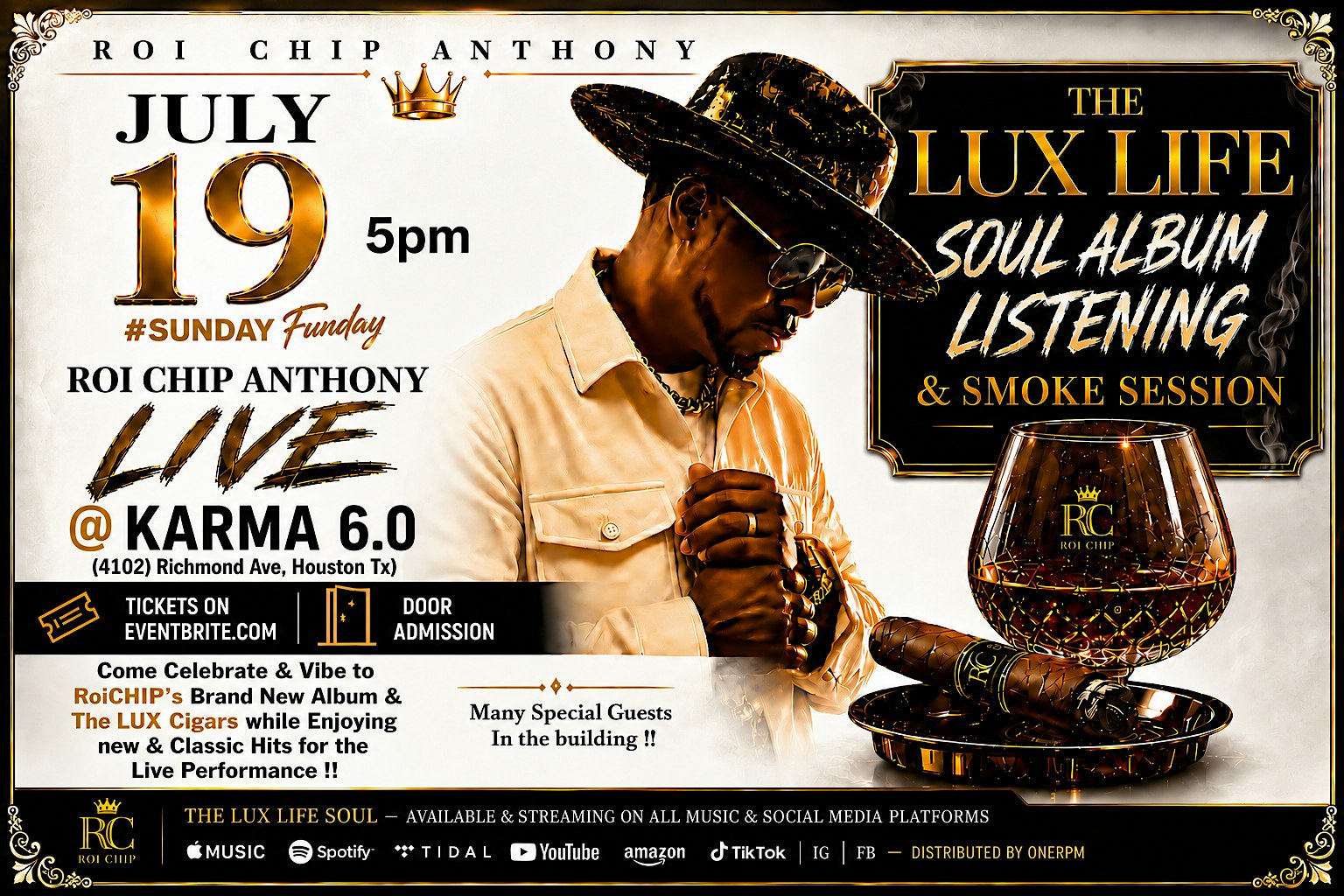 ROI CHIP ANTHONY “The Lux Life Soul” Listening Party & Smoke Session at 4102 Richmond Ave – Houston, TX