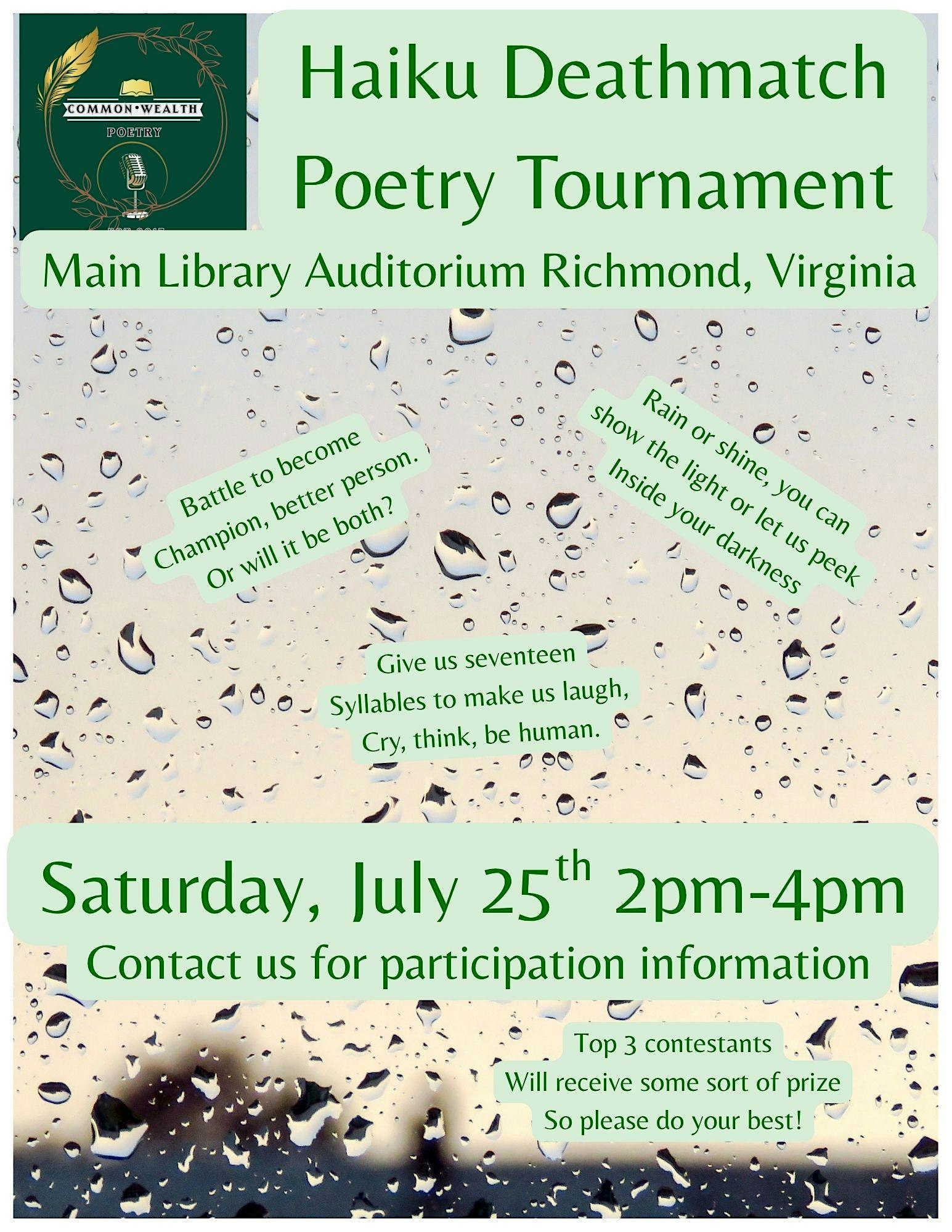 Haiku Deathmatch Poetry Tournament at Main Library – Richmond Public Library – Richmond, VA
