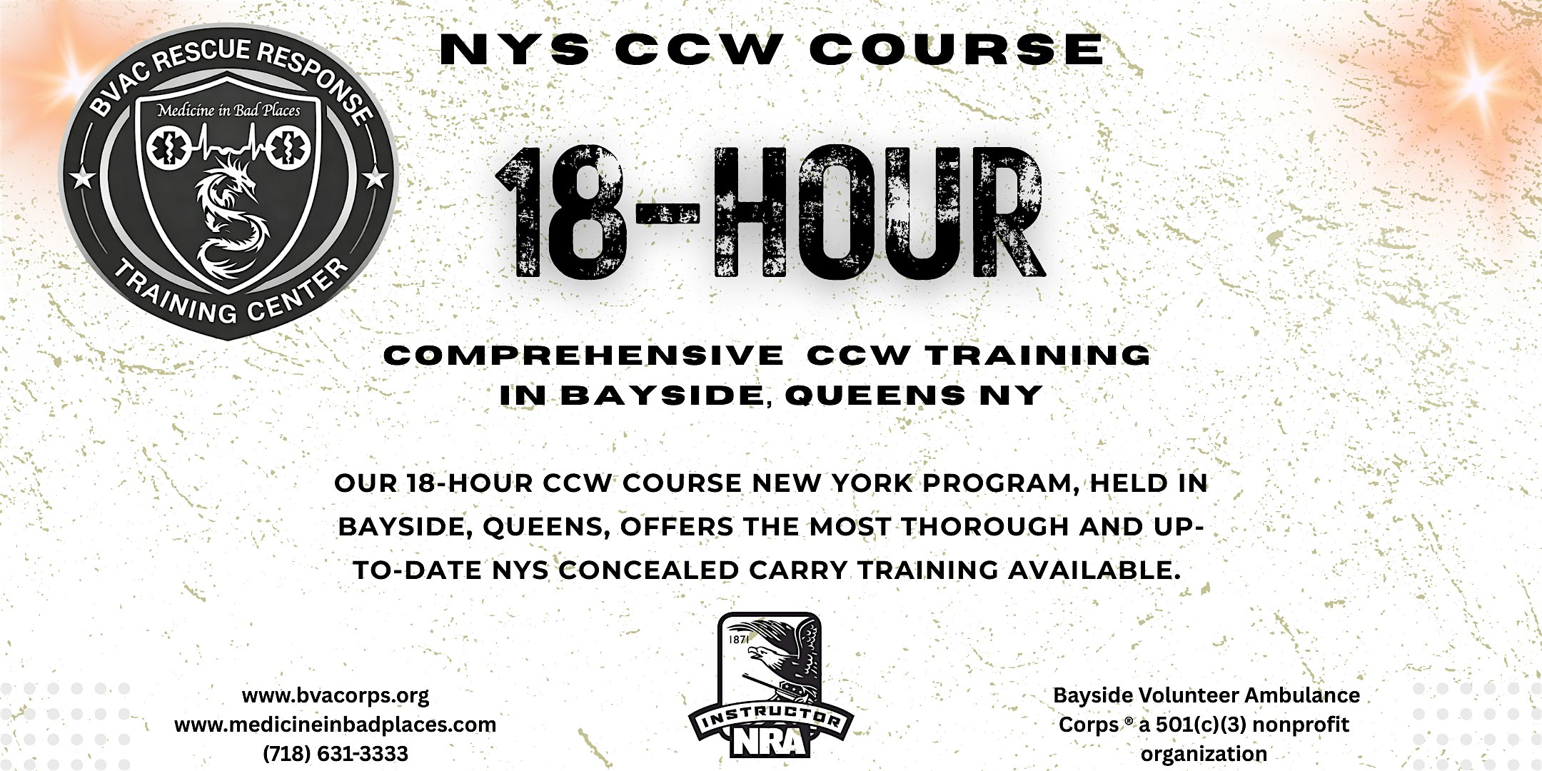 18 Hour NYS Concealed Carry Firearm Safety – CCW Class – Queens, NY at BVAC Rescue Response Training Center – Bayside, NY