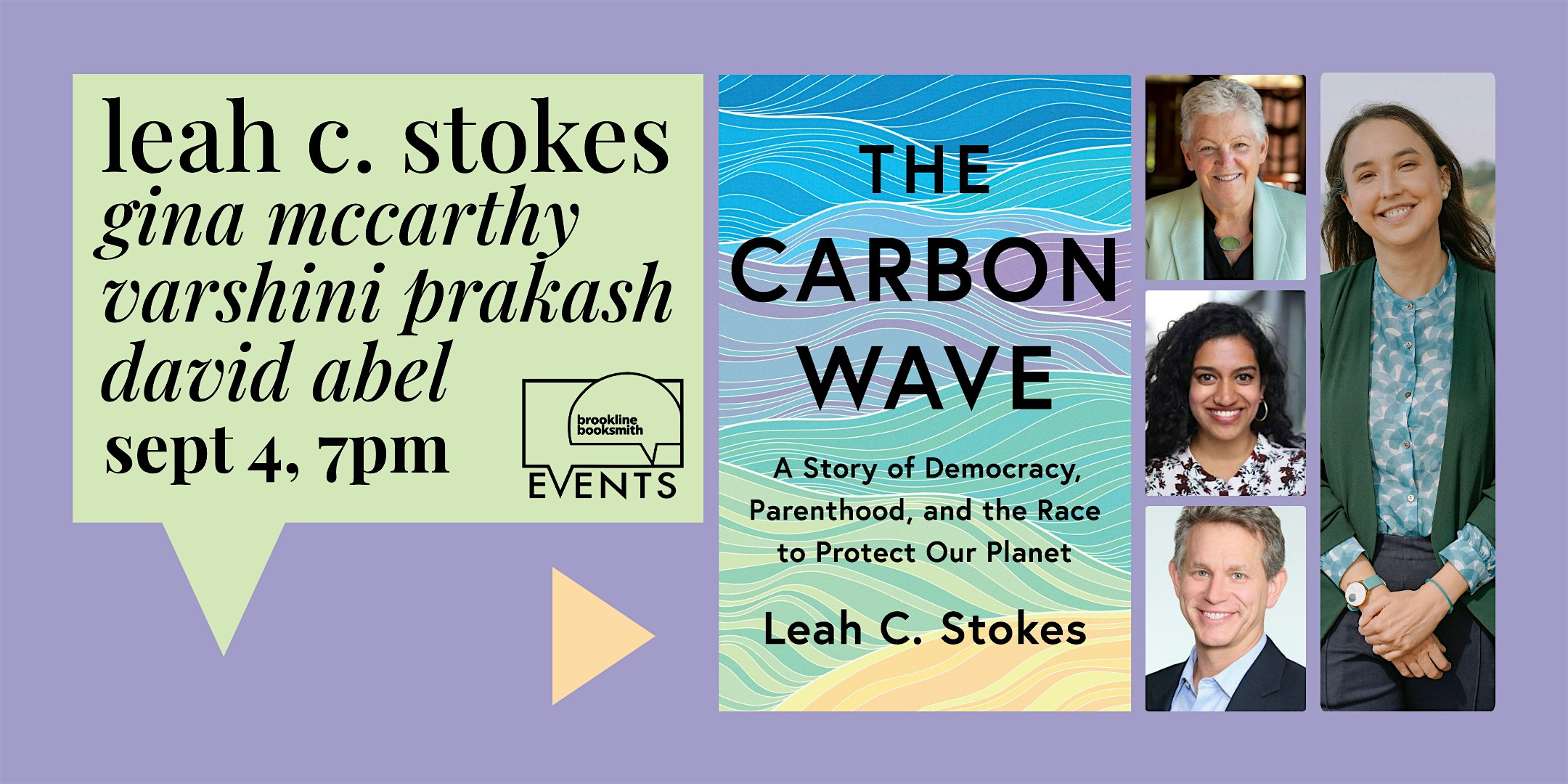 Leah C. Stokes with Gina McCarthy, Varshini Prakash, and David Abel at Brookline Booksmith – Brookline, MA