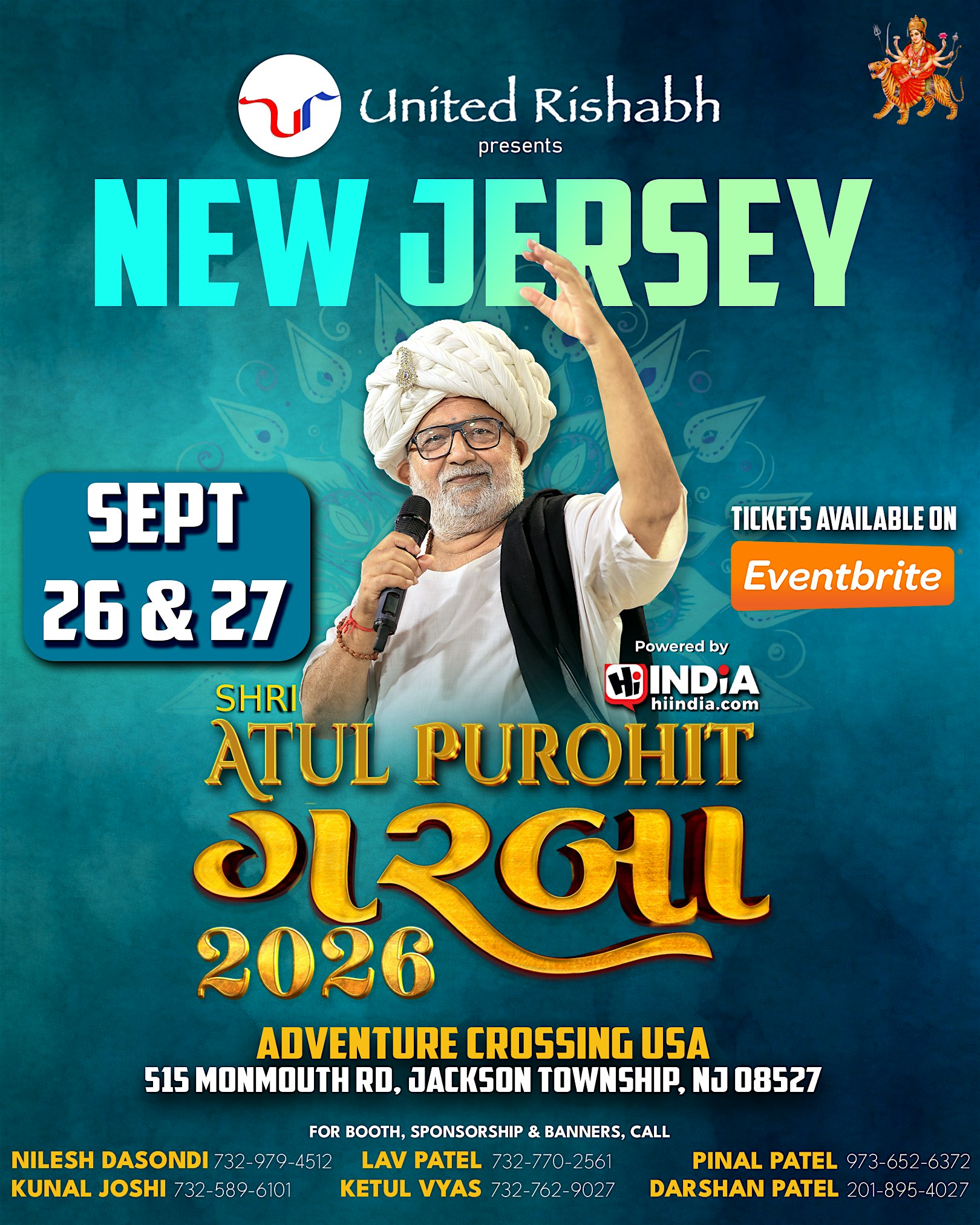 Atul Purohit Garba In New Jersey 2026 | Sept 26, Saturday at Adventure Crossing USA – Jackson Township, NJ